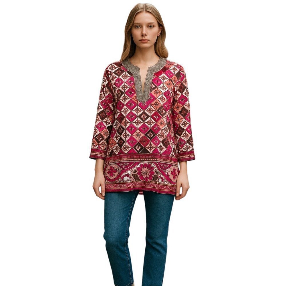 Tory Burch Silk Tunic Blouse Top XS Embellished Long Sleeve V-Neck Multicolor